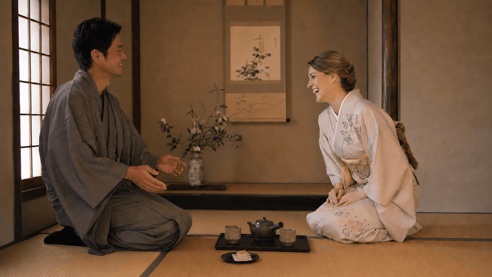 和室でお茶を囲み、着物姿で笑顔の会話を楽しむ二人