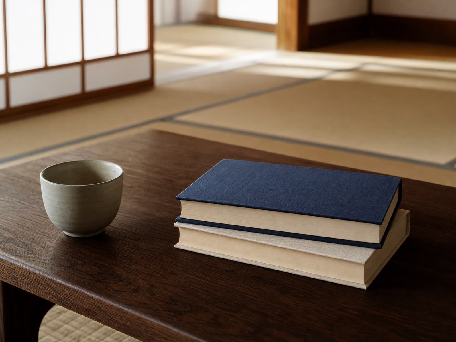 和室の机に置かれた無地の本と茶器