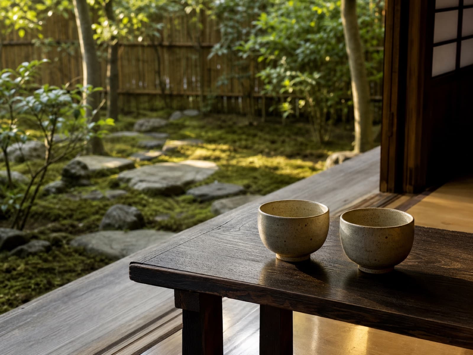 日本の縁側で庭を望む二つの茶器