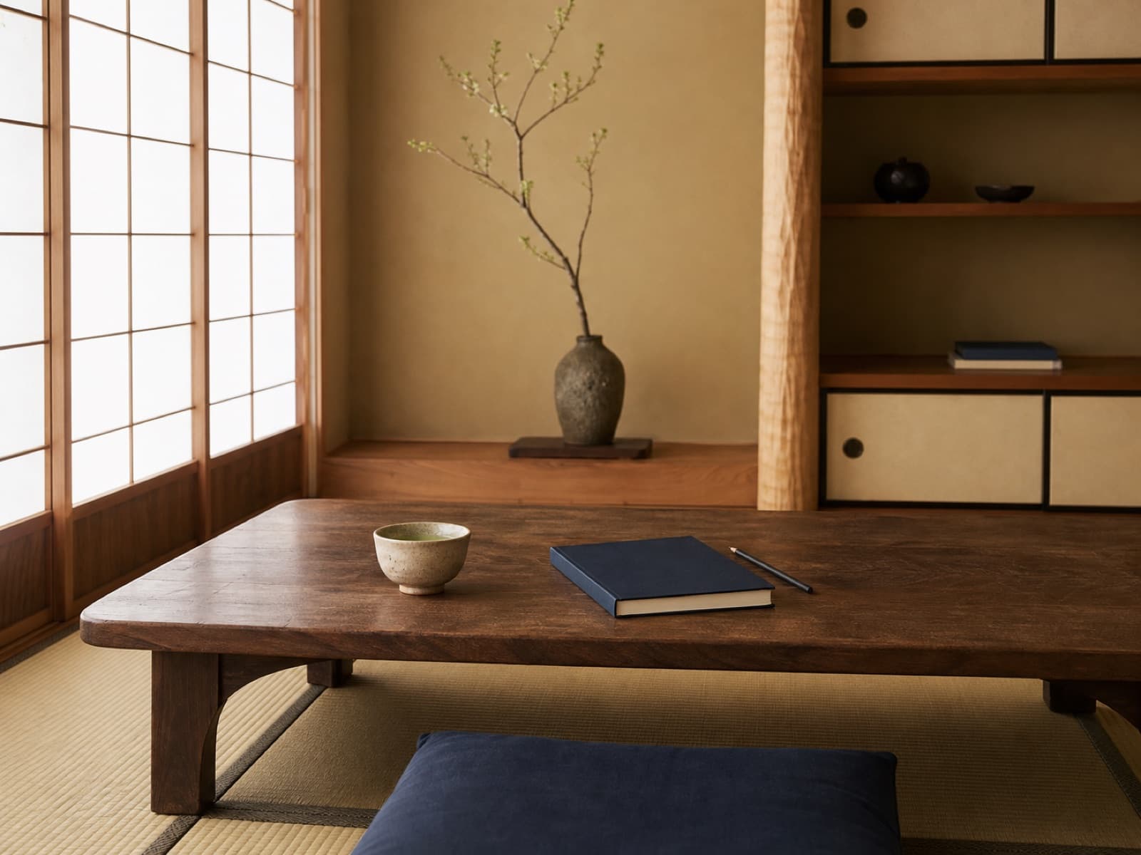 障子と畳がある伝統的な日本家屋の室内